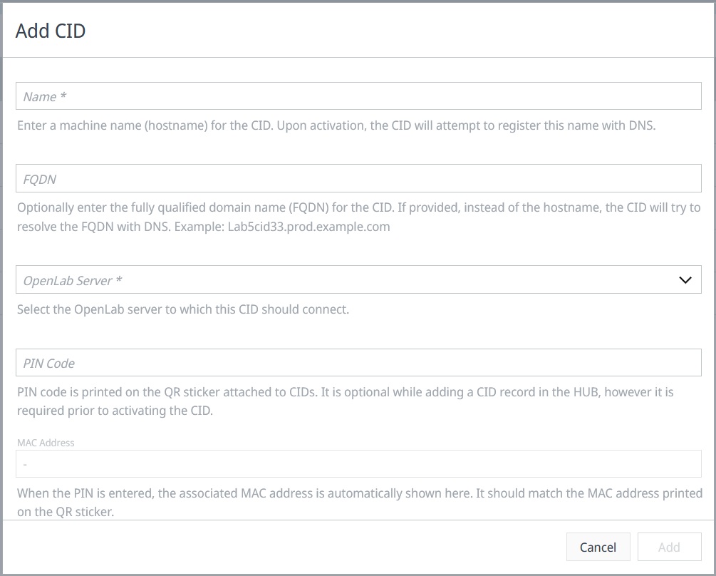 Add CID dialog with Name, FQDN, OpenLab Server, and PIN Code fields