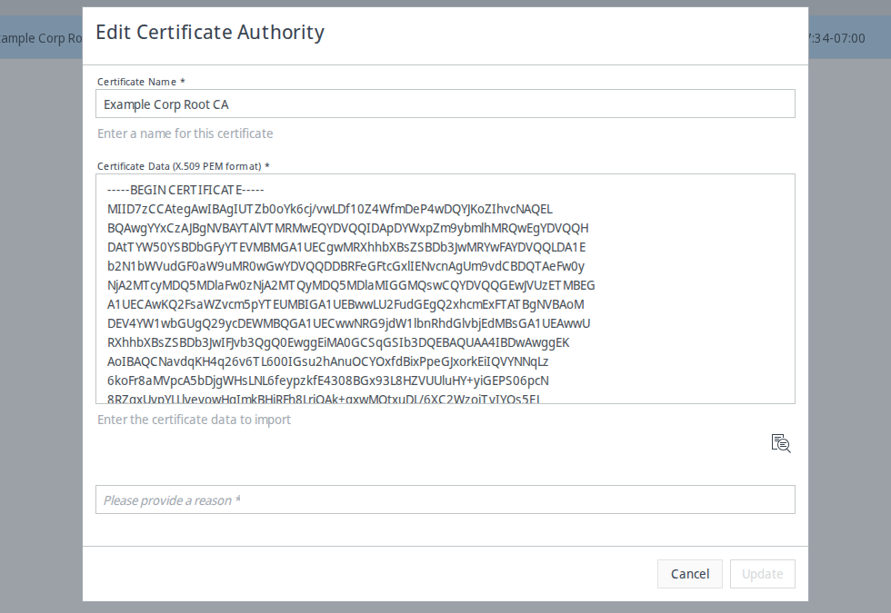 Edit Certificate Authority dialog with the Certificate Name field, the Certificate Data field, a reason field, and the Update button.