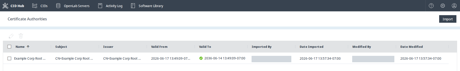 Certificate Authorities list with one imported CA, showing the Name, Subject, Issuer, Valid From, and Valid To values.