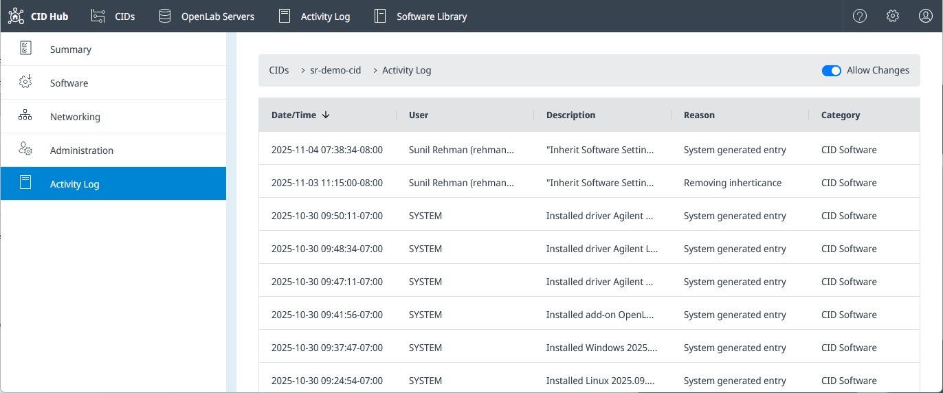 Activity Log tab for a single CID, listing only events affecting that device