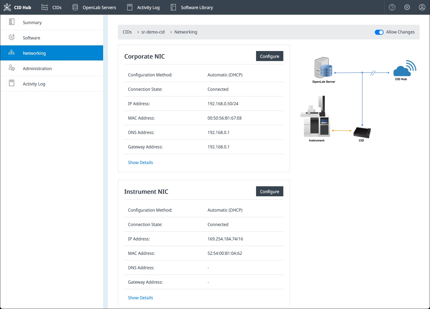 Networking tab showing Corporate NIC and Instrument NIC configuration cards with status and IP details