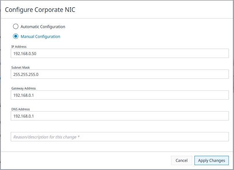 Corporate NIC configuration dialog with Automatic and Manual options and the required IP, subnet mask, gateway, and DNS fields