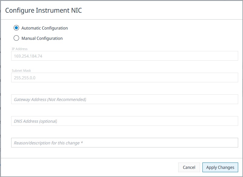 Instrument NIC configuration dialog with the gateway field marked as not recommended