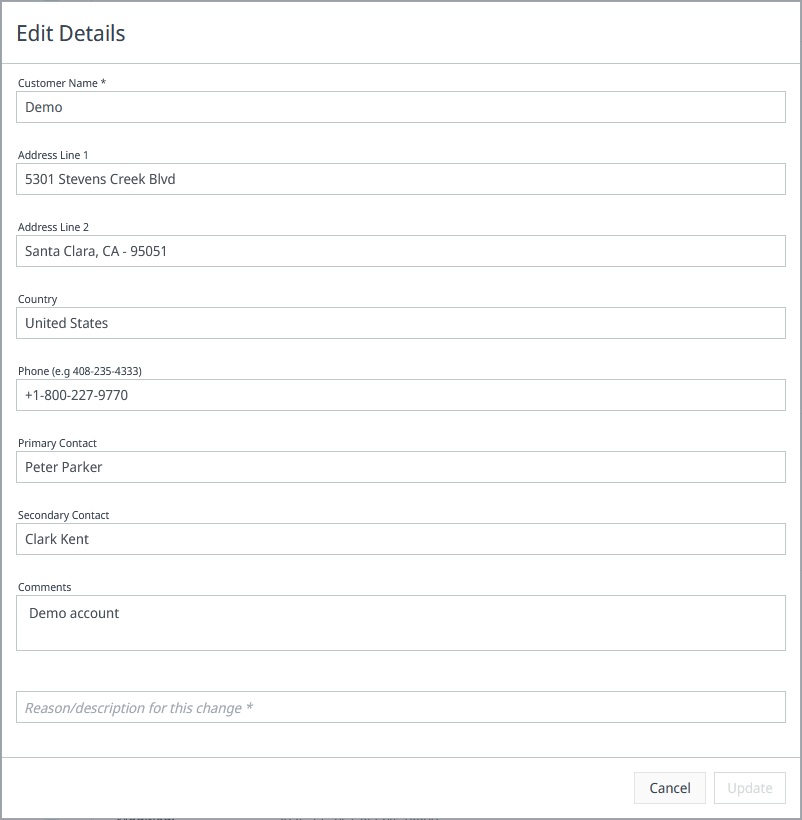 Edit Details dialog with editable account fields and a required reason field.