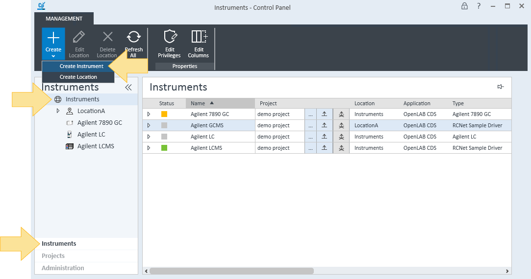 Control Panel Add Instrument wizard with the CID selected as the instrument controller