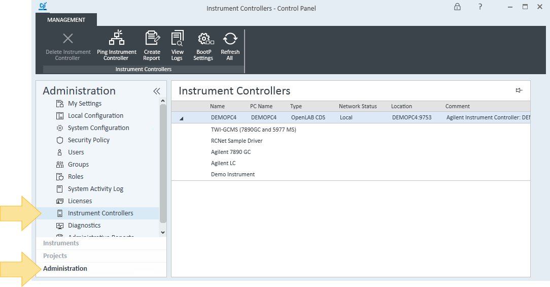 Control Panel Instruments view with the CID's name highlighted in the list of available instrument controllers