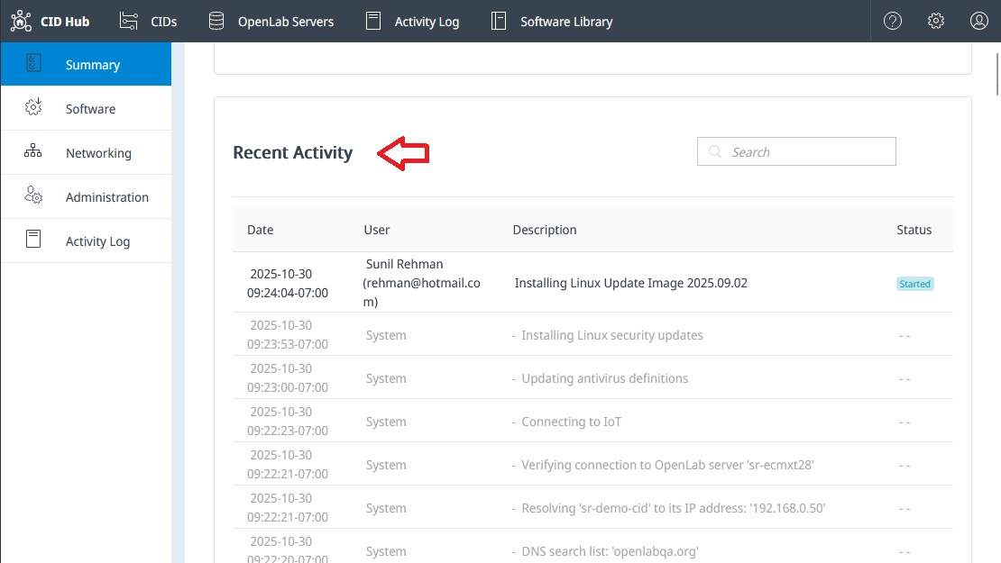 Recent Activity feed on the CID Summary page