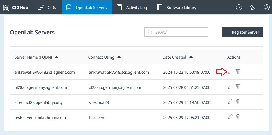 OpenLab Server edit dialog showing the editable connection and credential fields