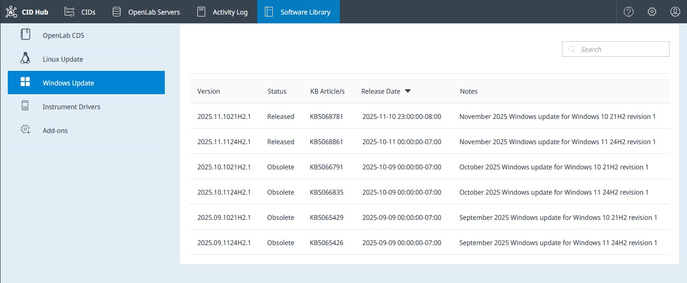 Software Library Windows Update list