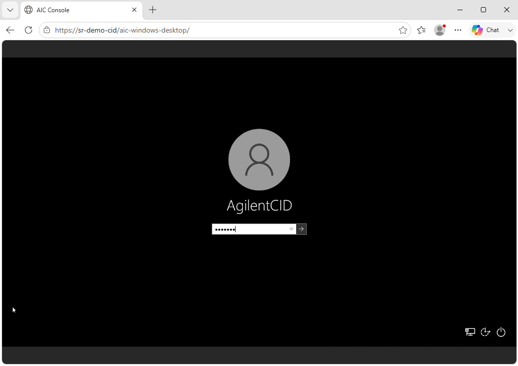 Browser tab showing the Windows VM console sign-in screen for a CID, with the CDS Desktop user